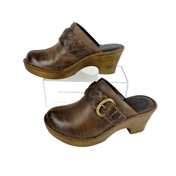 Born Shoes - Born Leather Clogs Mules Women's 8M Brown Heeled Slip On Buckle Slides 38.5
